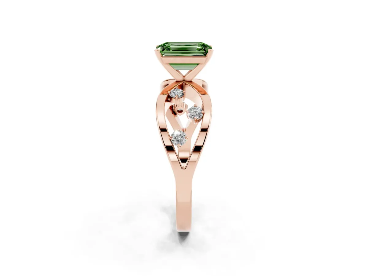 Fancy Green Emerald Cut Cut Solitaire Diamond with Side Stones on Criss-Cross Band and Four-Prong Setting Rose gold