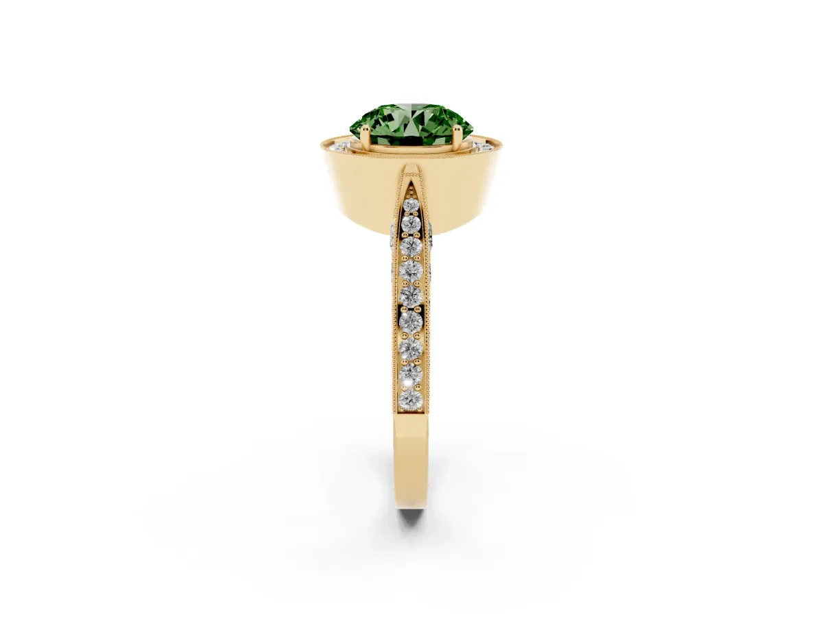 Fancy Green Round Cut Halo Diamond Engagement Ring with Split Shank Band and Four-Prong Setting Yellow gold
