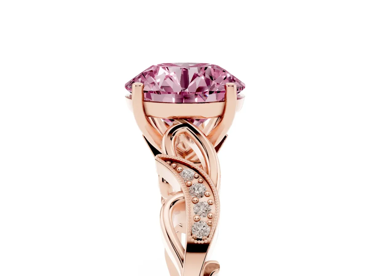 Fancy Pink Round Cut Solitaire Vine Band with Milgrain Prong Setting Rose gold