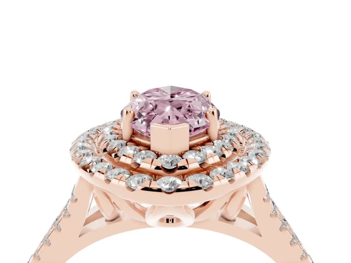 Fancy Pink Double Halo Marquise Cut Diamond Pavé Split Shank Ring with Prong Setting Rose gold