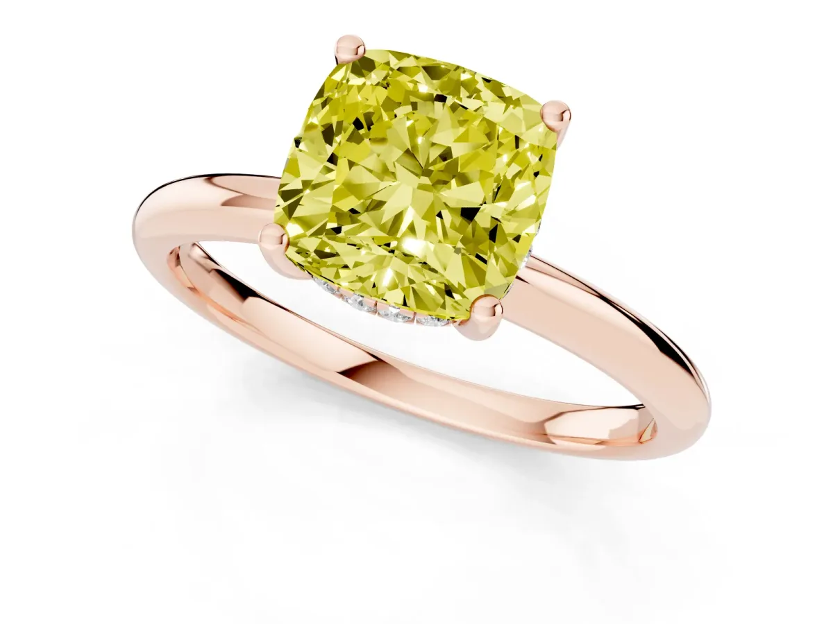 Fancy Yellow Cushion Cut Cut Solitaire Engagement Ring with Four-Prong Setting and Classic Band Rose gold