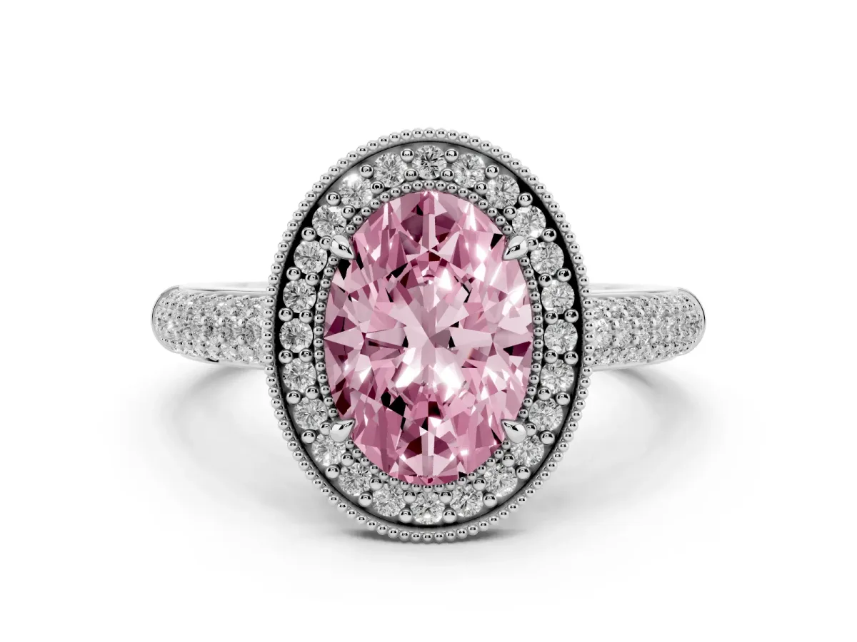 Fancy Pink Oval Cut Cut Halo Diamond Pave Band with Four-Prong Setting Silver