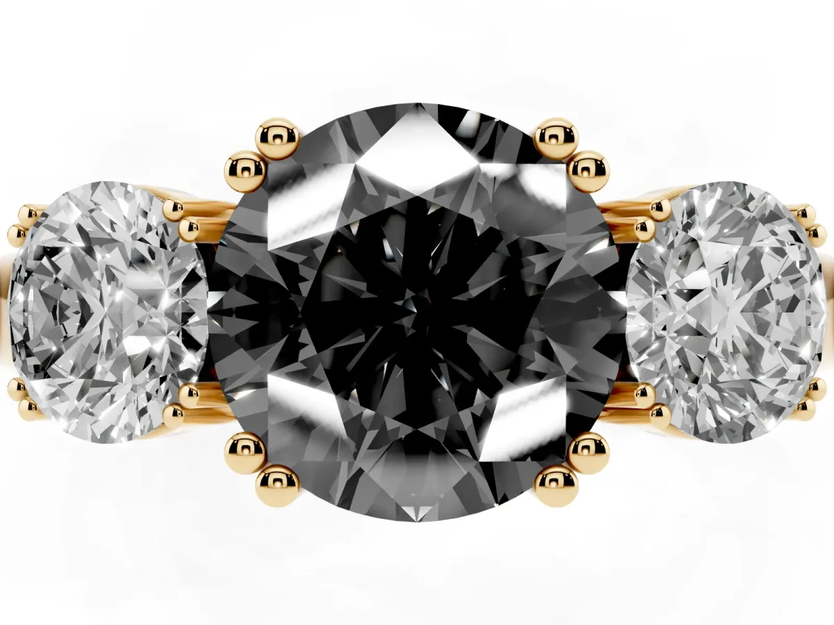 Fancy Black Three-Stone Round Cut Cut Diamond Ring with Channel Set Band and Four-Prong Setting Yellow gold