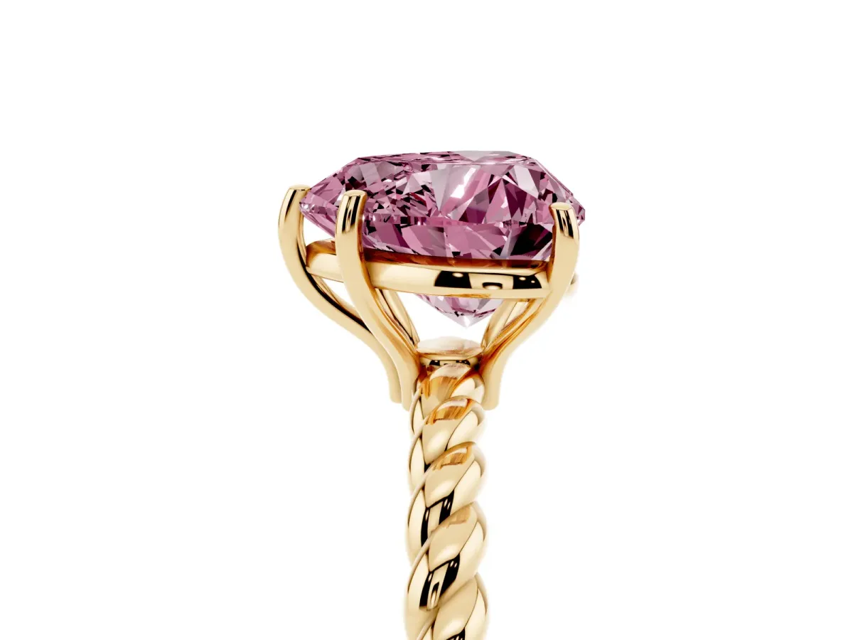 Fancy Pink Heart Cut Solitaire Twist Band Ring with Four-Prong Setting Yellow gold