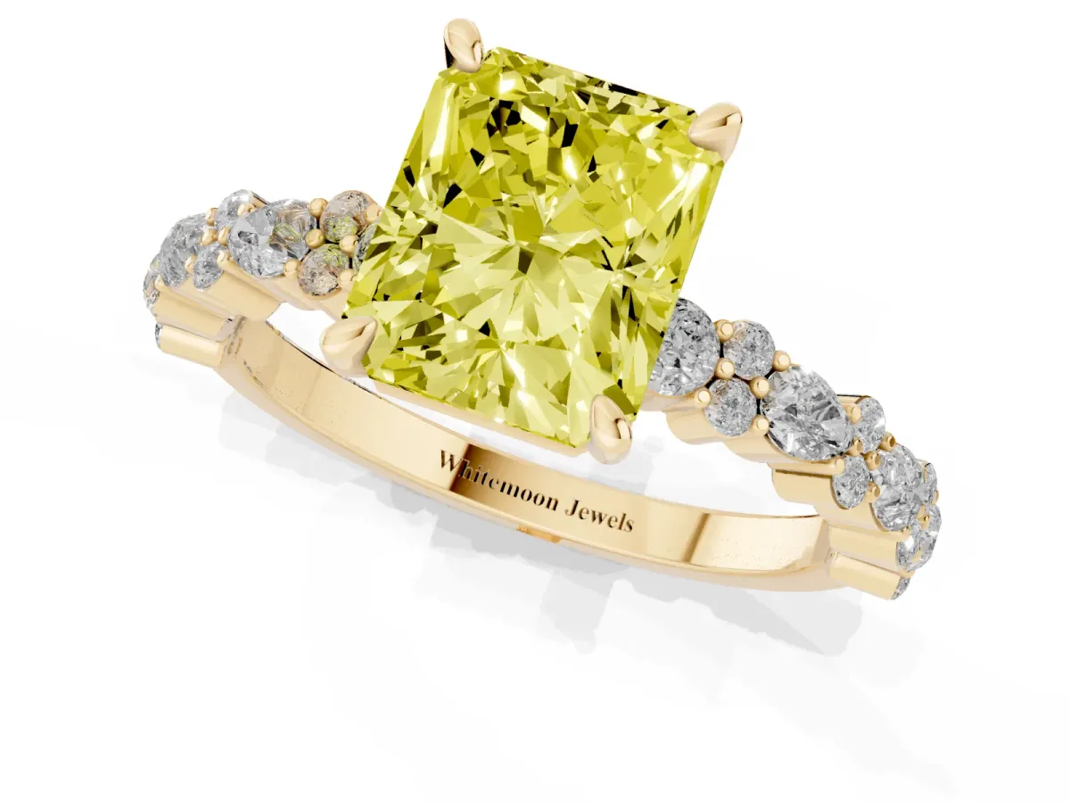 Fancy Yellow Radiant Cut Diamond Side Stone Solitaire Ring with Round and Four-Prong Setting Yellow gold