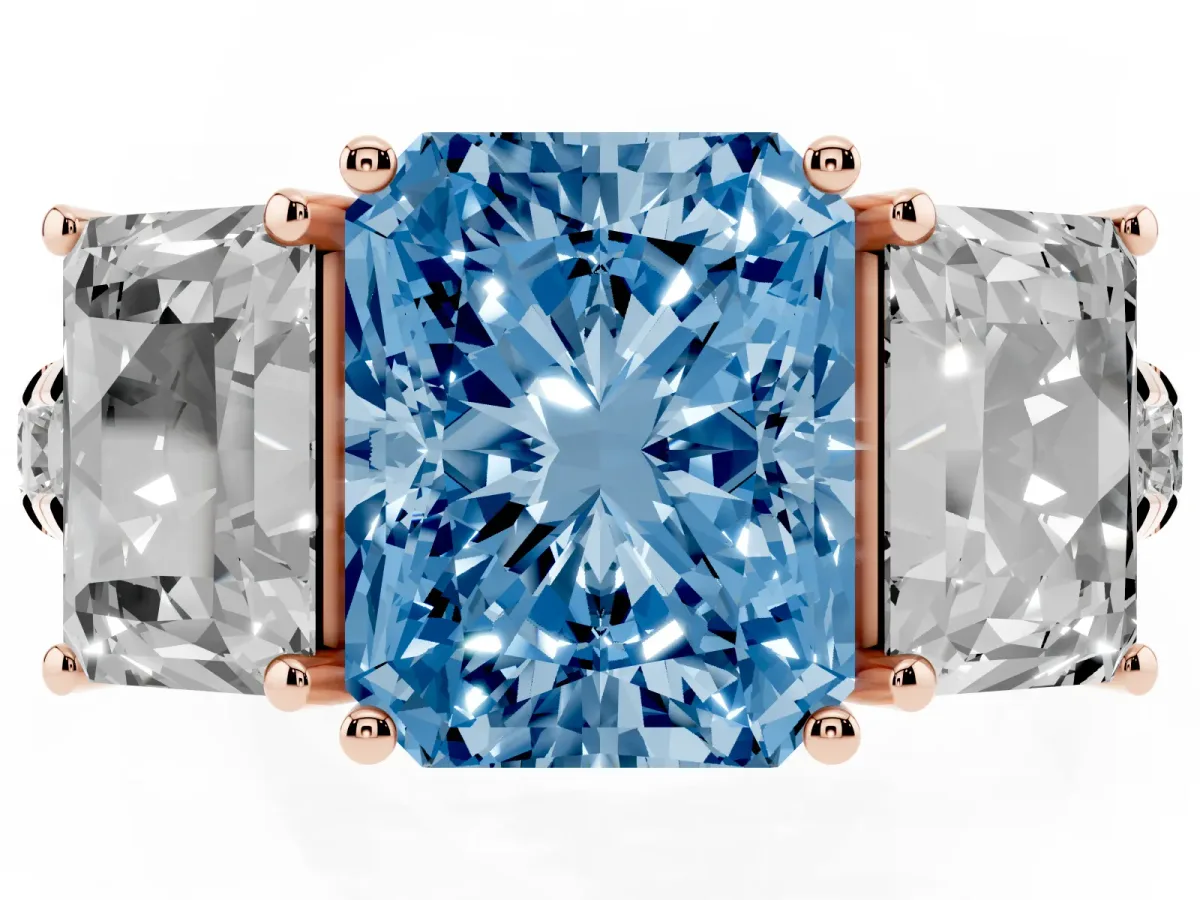 Fancy Blue Three-Stone Radiant Cut Diamond Pavé Band with Prong Setting Rose gold
