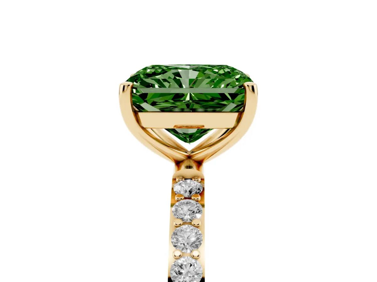 Fancy Green Radiant Cut Diamond Solitaire Ring with Round Pavé Shoulders and Prong Setting Yellow gold