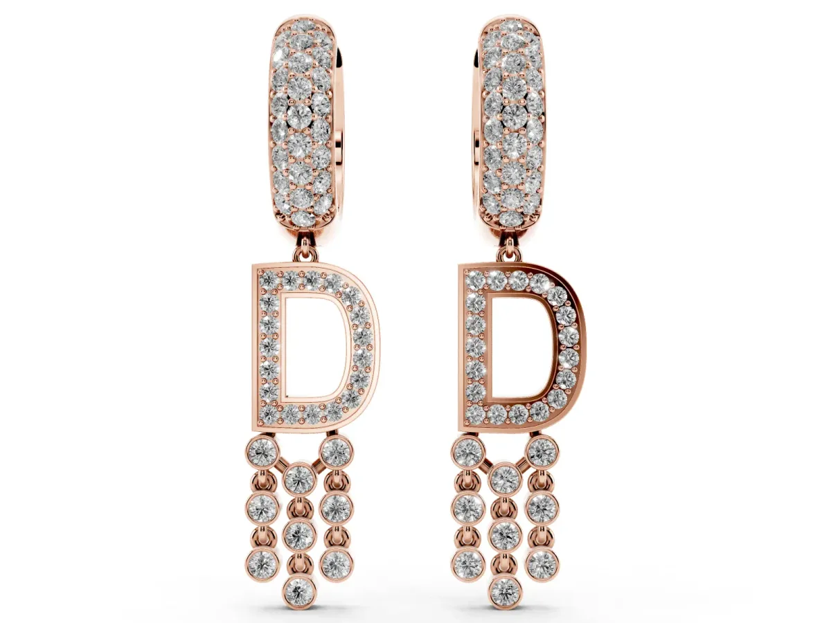 Round Diamond Initial D Huggie Hoop Earrings Rose gold