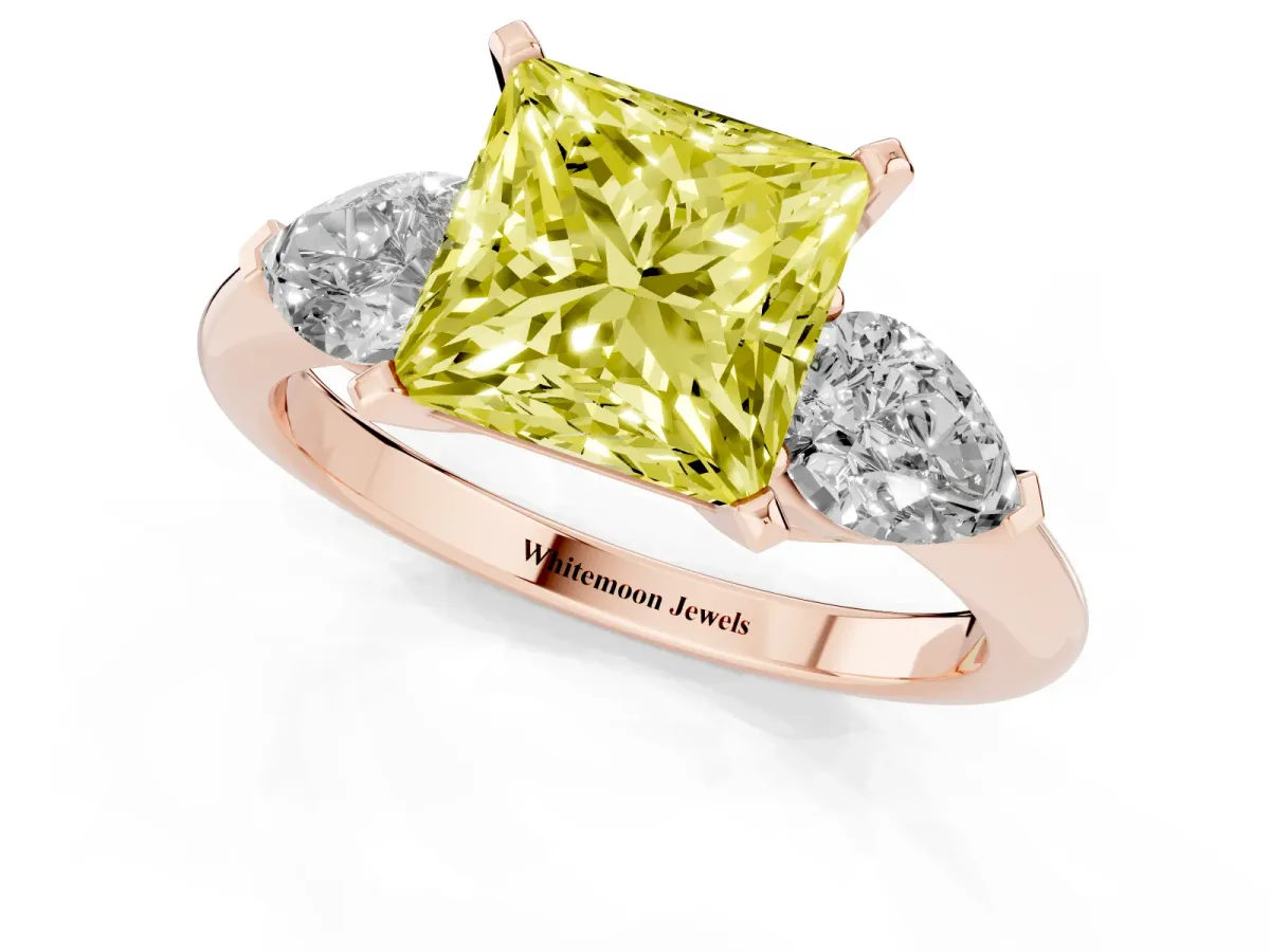 Fancy Yellow Three-Stone Princess Cut Diamond Ring with Pear Side Stones and Four-Prong Setting Rose gold