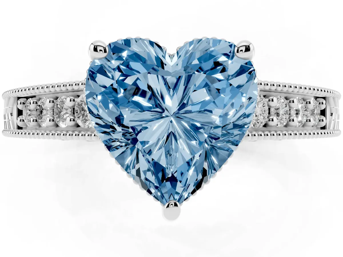 Fancy Blue Heart Cut Solitaire Pavé Diamond Milgrain Engagement Ring with Four-Prong Setting Silver