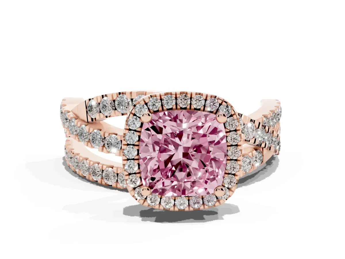 Fancy Pink Cushion Cut Diamond Halo Ring with Round Split Shank and Prong Setting Rose gold