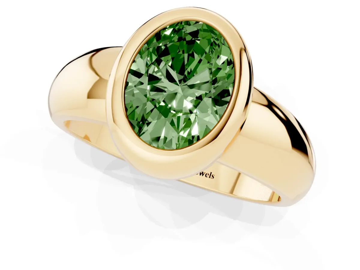 Fancy Green Bezel Set Oval Cut Solitaire Ring with Wide Band Yellow gold