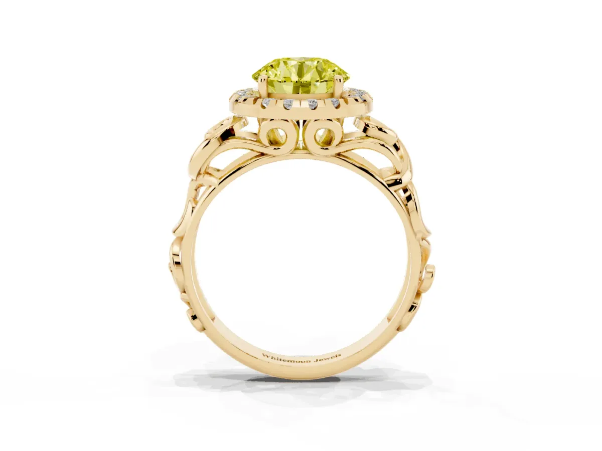 Fancy Yellow Round Cut Cut Halo Diamond Ring with Scrollwork Band and Four-Prong Setting Yellow gold