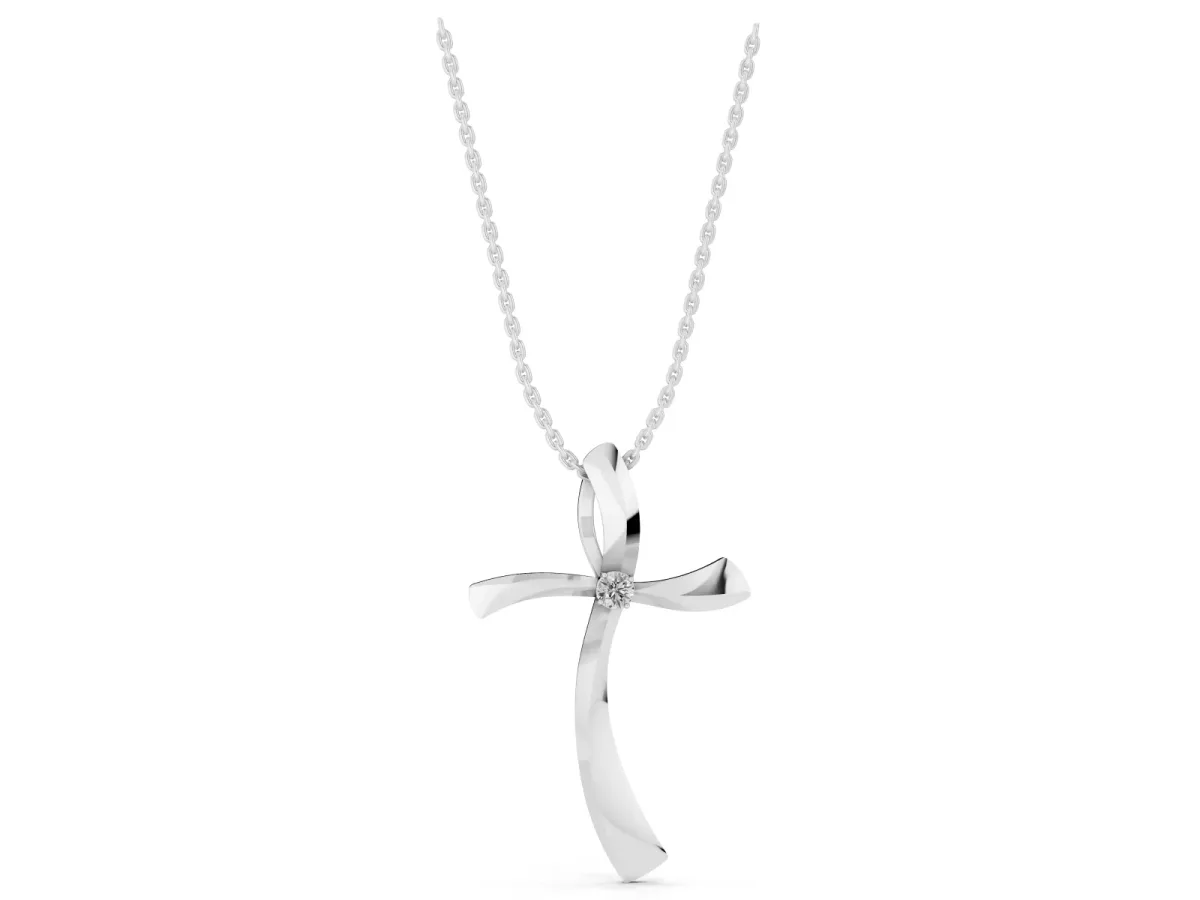 Curved Cross Pendant with Round Diamond in Bezel Setting Silver
