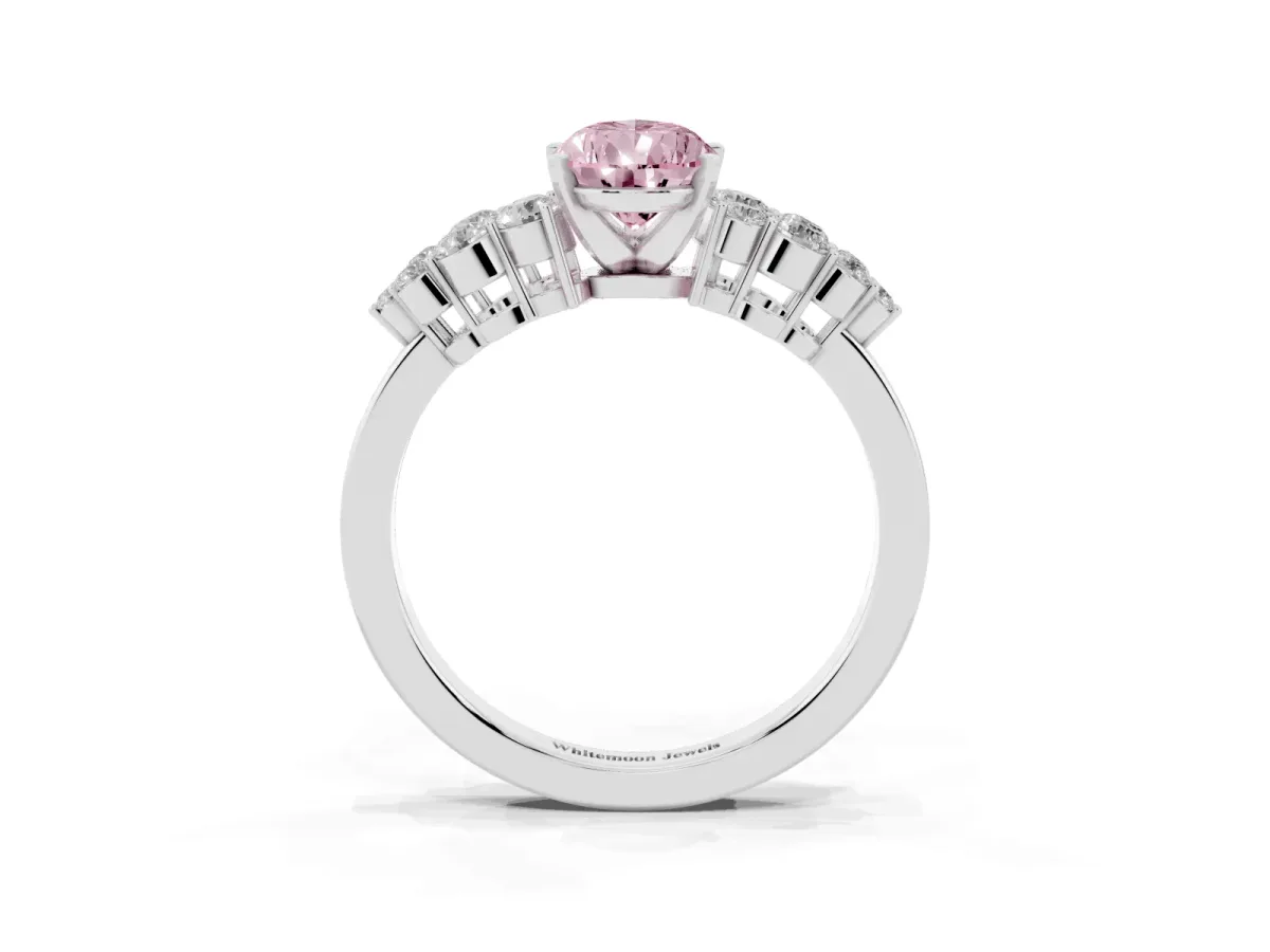Fancy Pink Pear Cut Cluster Diamond Engagement Ring with Pavé Band and Four-Prong Setting Silver