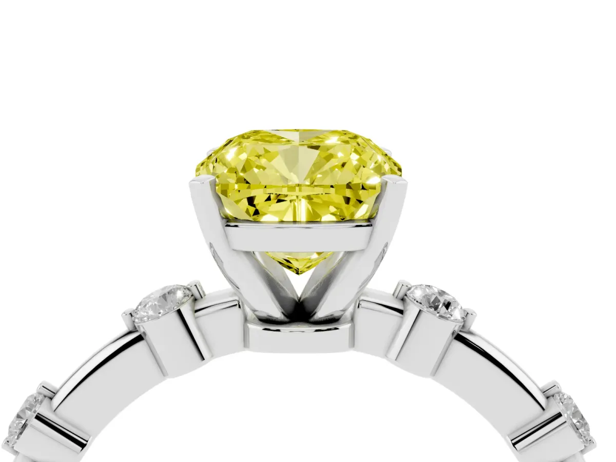 Fancy Yellow Cushion Cut Solitaire Diamond Ring with Bezel Set Side Stones and Prong Setting Silver