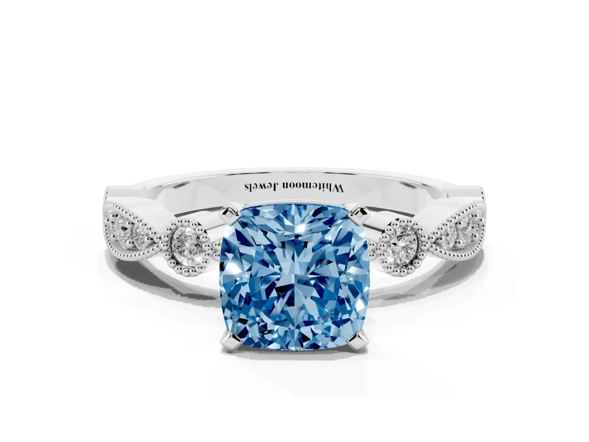 Fancy Blue Cushion Cut Milgrain Bezel Diamond Engagement Ring with Solitaire Prong Setting Platinum