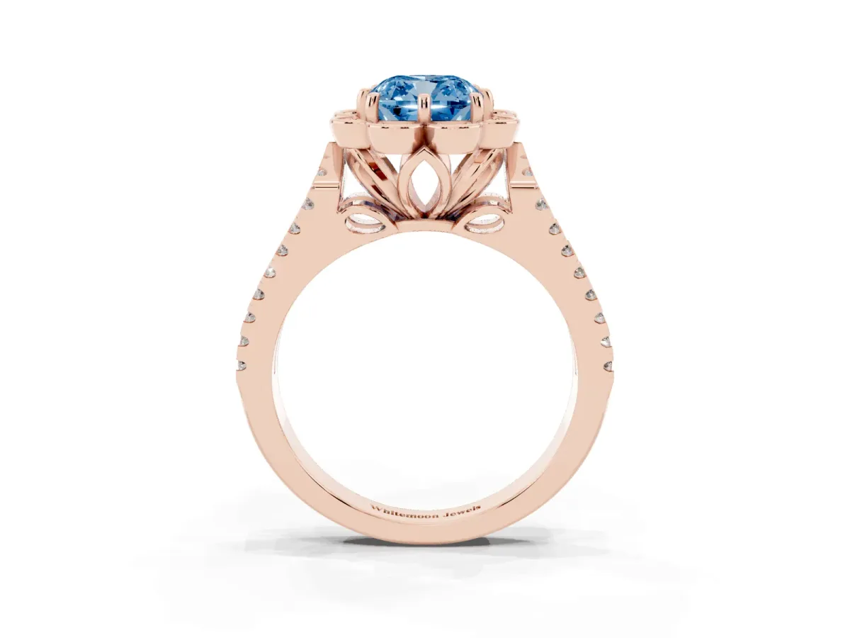 Fancy Blue Cushion Cut Halo Diamond Floral Split Shank Engagement Ring Rose gold