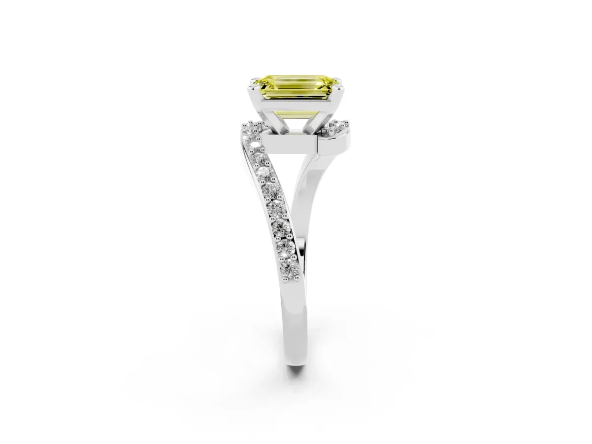 Fancy Yellow Emerald Cut Solitaire Twist Band with Pave Set Diamonds and Four-Prong Setting White gold