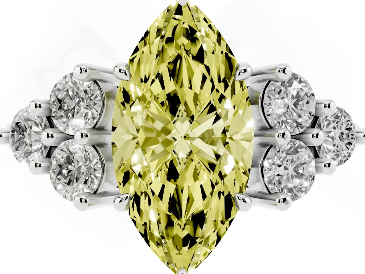Fancy Yellow Marquise Cut Brilliant Diamond Cluster Accent Solitaire Ring with Prong Setting Silver