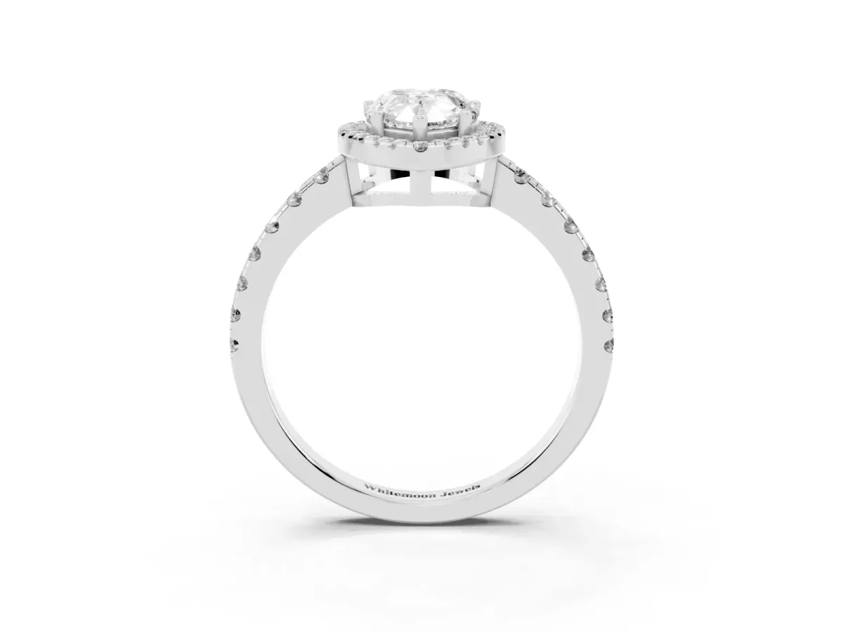 Pear Cut Diamond Halo Ring with Pavé Band and Four-Prong Setting Silver