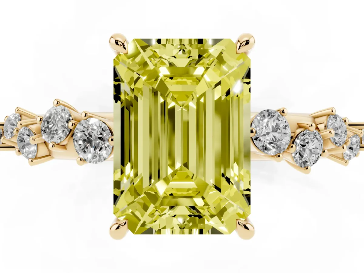 Fancy Yellow Emerald Cut Diamond Cluster Side Stone Solitaire Ring with Prong Setting Yellow gold