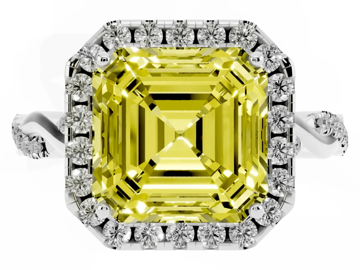 Fancy Yellow Asscher Cut Halo Twist Band Solitaire Ring Silver
