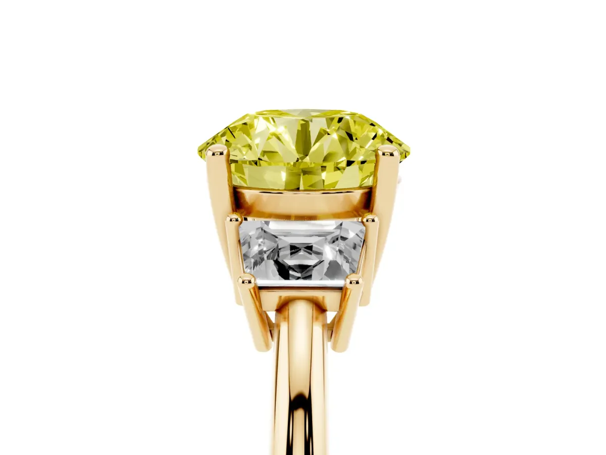 Fancy Yellow Round Cut Diamond Three-Stone Ring with Trapezoid Side Stones and Prong Setting Yellow gold