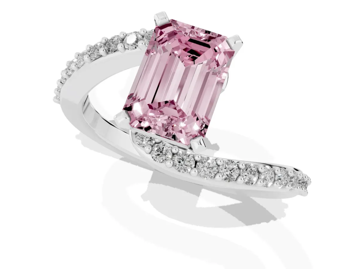 Fancy Pink Emerald Cut Solitaire Twist Band with Pave Set Diamonds and Four-Prong Setting Silver
