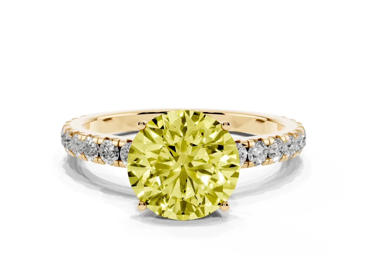 Fancy Yellow Round Cut Diamond Pavé Solitaire Engagement Ring with Four-Prong Setting Yellow gold