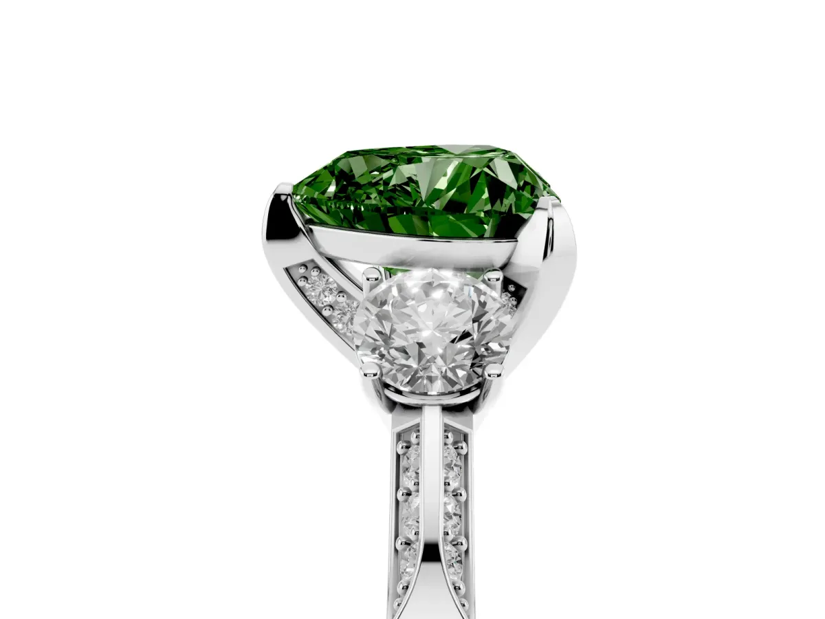 Fancy Green Heart Cut Brilliant Three-Stone Diamond Ring with Pavé Band and Four-Prong Setting Platinum