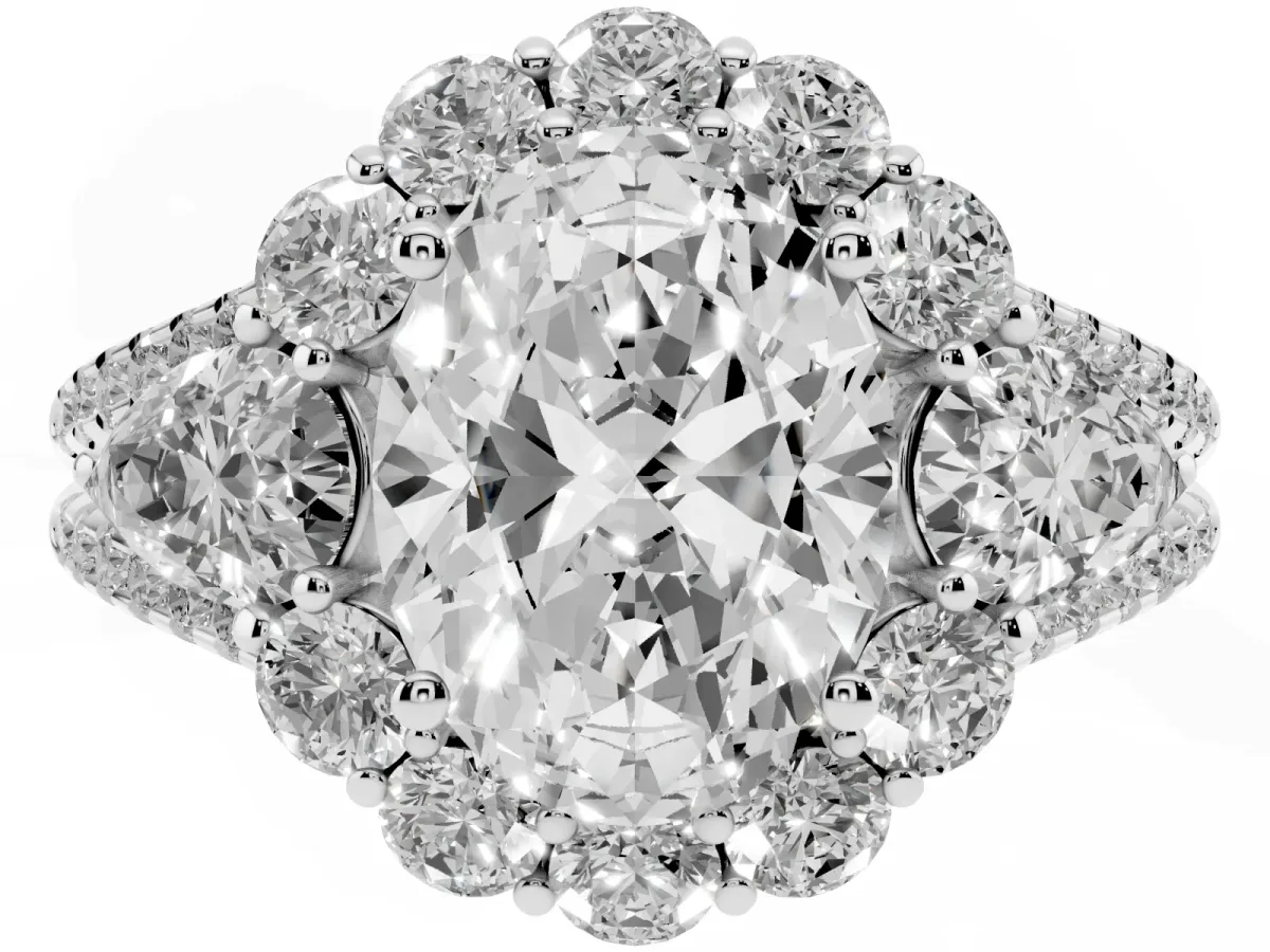 Oval Cut Halo Split Shank Diamond Engagement Ring with Prong Setting Silver