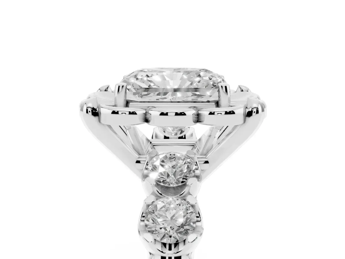 Radiant Cut Cut Diamond Floral Halo Engagement Ring with Shared Prong Setting Silver