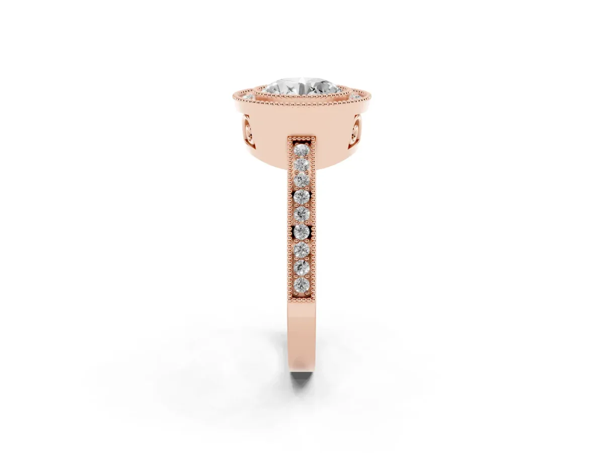 Round Cut Cut Halo Diamond Ring with Pavé Band and Milgrain Prong Setting Rose gold