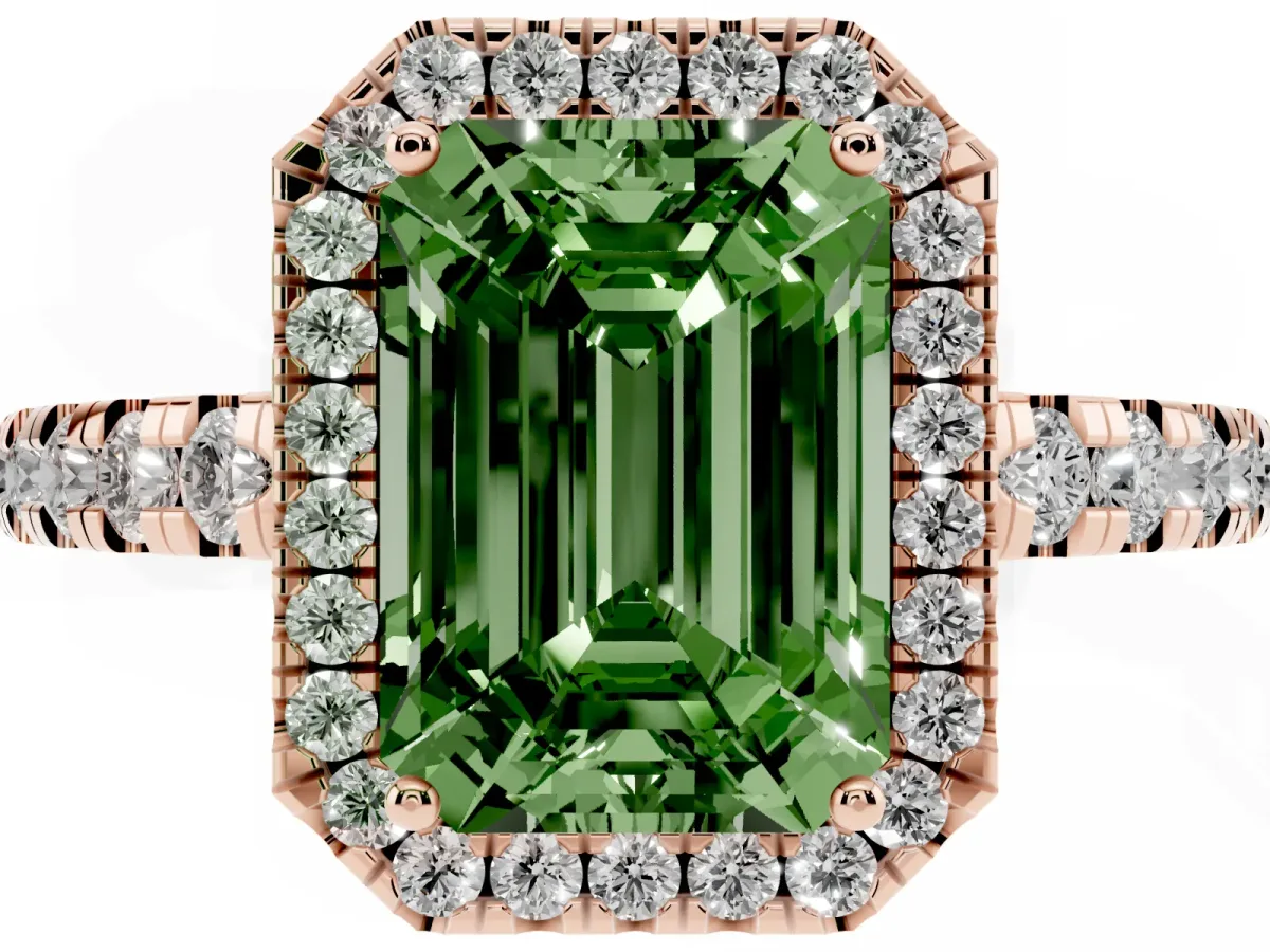 Fancy Green Emerald Cut Diamond Halo Ring with Pavé Band and Four-Prong Setting Rose gold