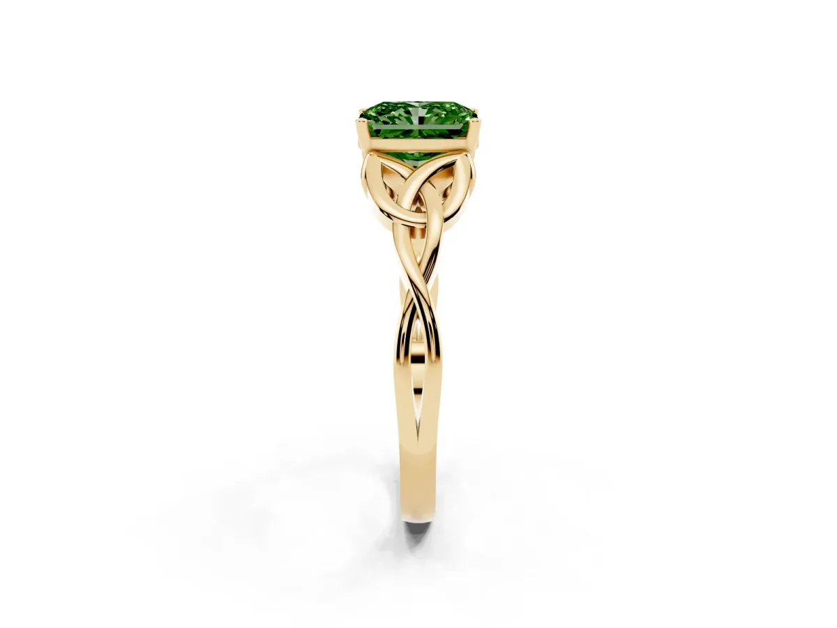 Fancy Green Radiant Cut Diamond Solitaire Engagement Ring with Celtic Knot Band and Four-Prong Setting Yellow gold
