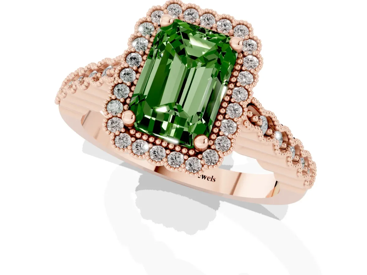 Fancy Green Radiant Cut Cut Halo Pavé Solitaire Ring with Milgrain Band Rose gold