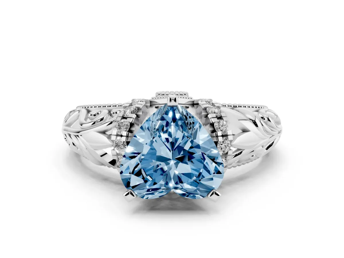 Fancy Blue Heart Cut Solitaire Filigree Engagement Ring with Halo and Prong Setting White gold
