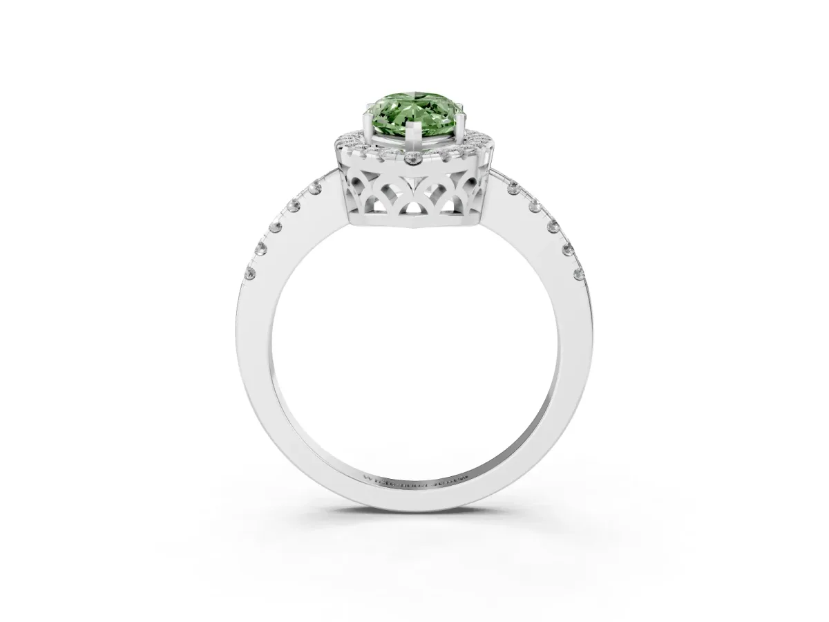 Fancy Green Marquise Cut Halo Diamond Engagement Ring with Pavé Band and Four-Prong Setting Silver