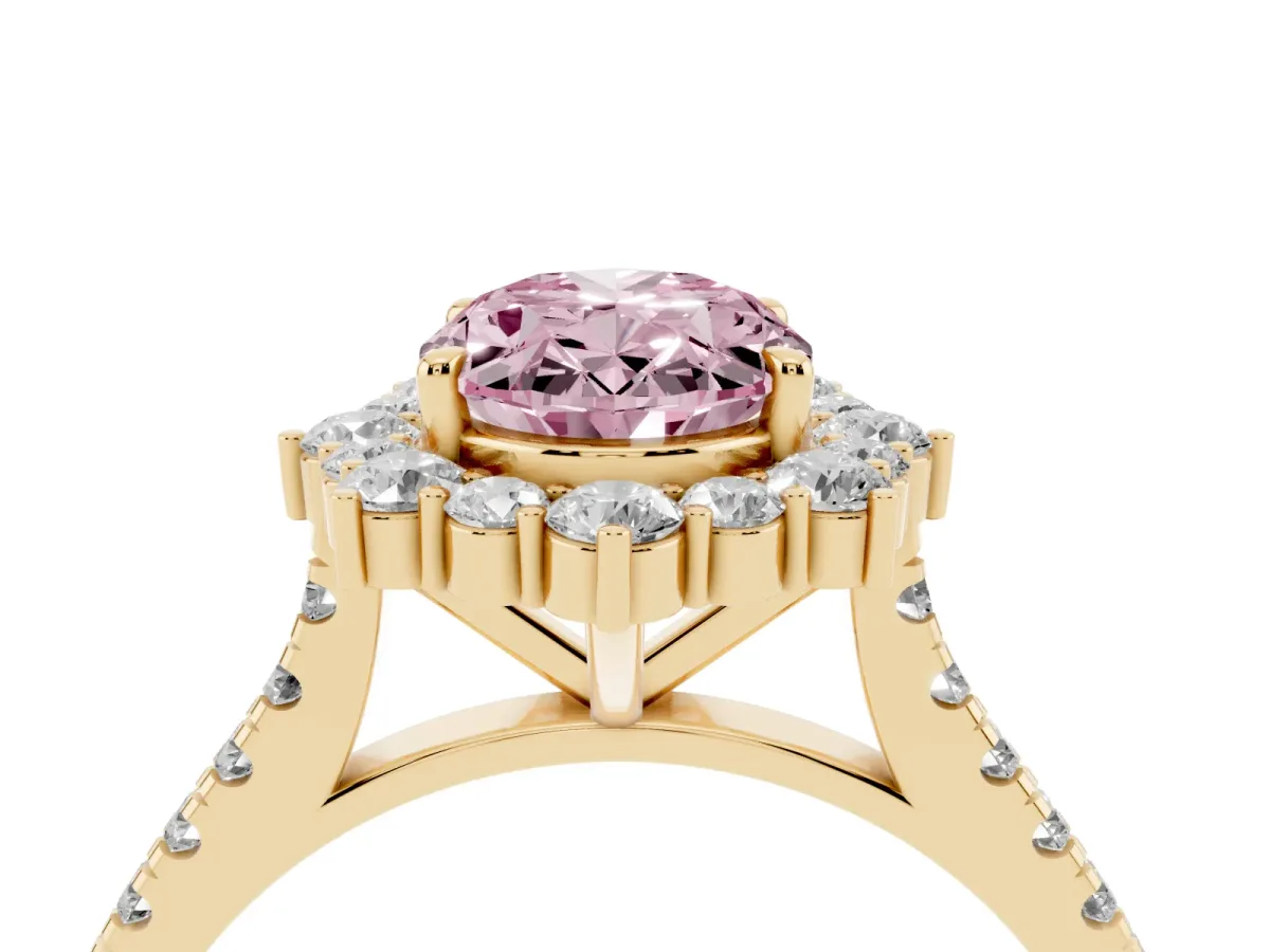 Fancy Pink Oval Cut Halo Diamond Ring with Pavé Band and Prong Setting Yellow gold