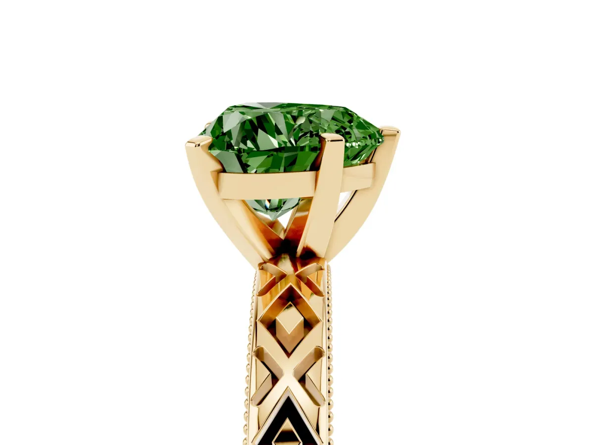 Fancy Green Heart Cut Solitaire Diamond Ring with Milgrain and Black Enamel X Pattern Band Yellow gold