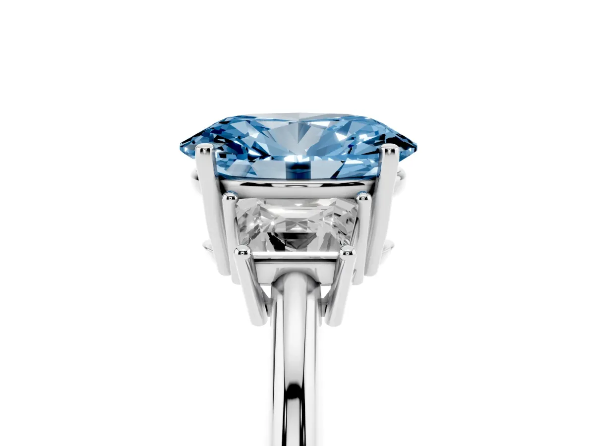 Fancy Blue Oval Cut Diamond Three-Stone Ring with Trapezoid Side Stones and Prong Setting Silver