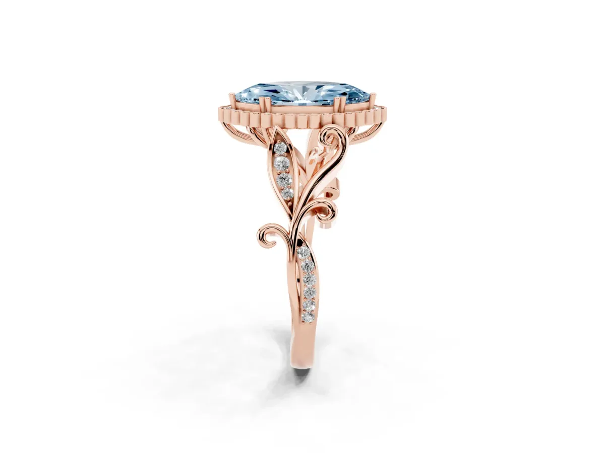 Fancy Blue Marquise Cut Diamond Halo Ring with Vintage Split Shank and Four-Prong Setting Rose gold