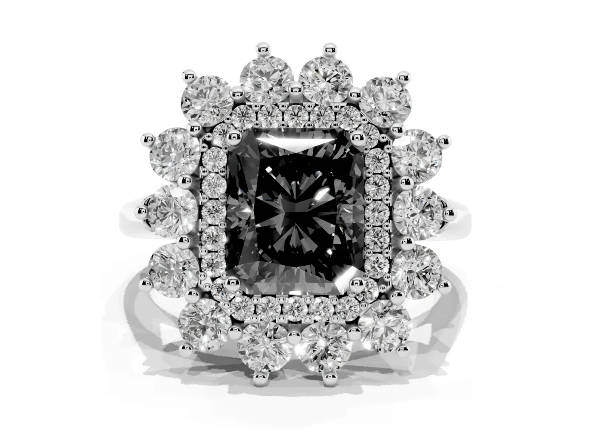 Fancy Black Radiant Cut Diamond Floral Double Halo Engagement Ring with Prong Setting Silver