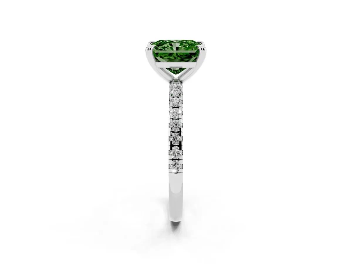 Fancy Green Radiant Cut Diamond Brilliant Solitaire Ring with Pavé Band and Four-Prong Setting Silver