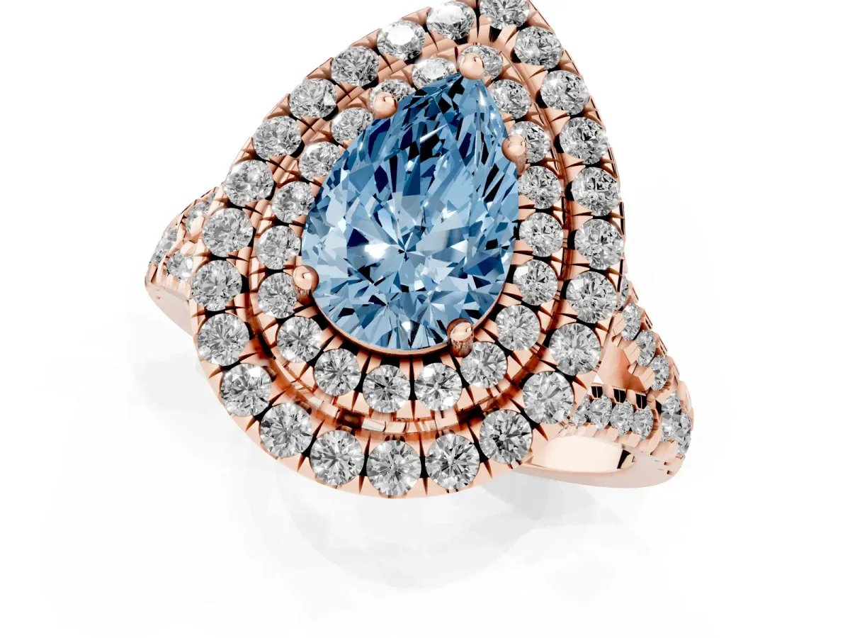 Fancy Blue Double Halo Pear Cut Diamond Pavé Split Shank Ring with Prong Setting Rose gold