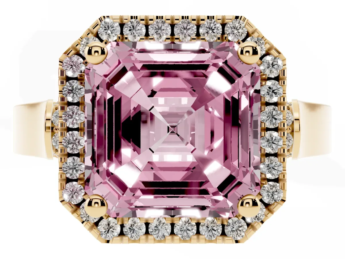 Fancy Pink Asscher Cut Halo Pave Split Shank Prong Setting Ring Yellow gold