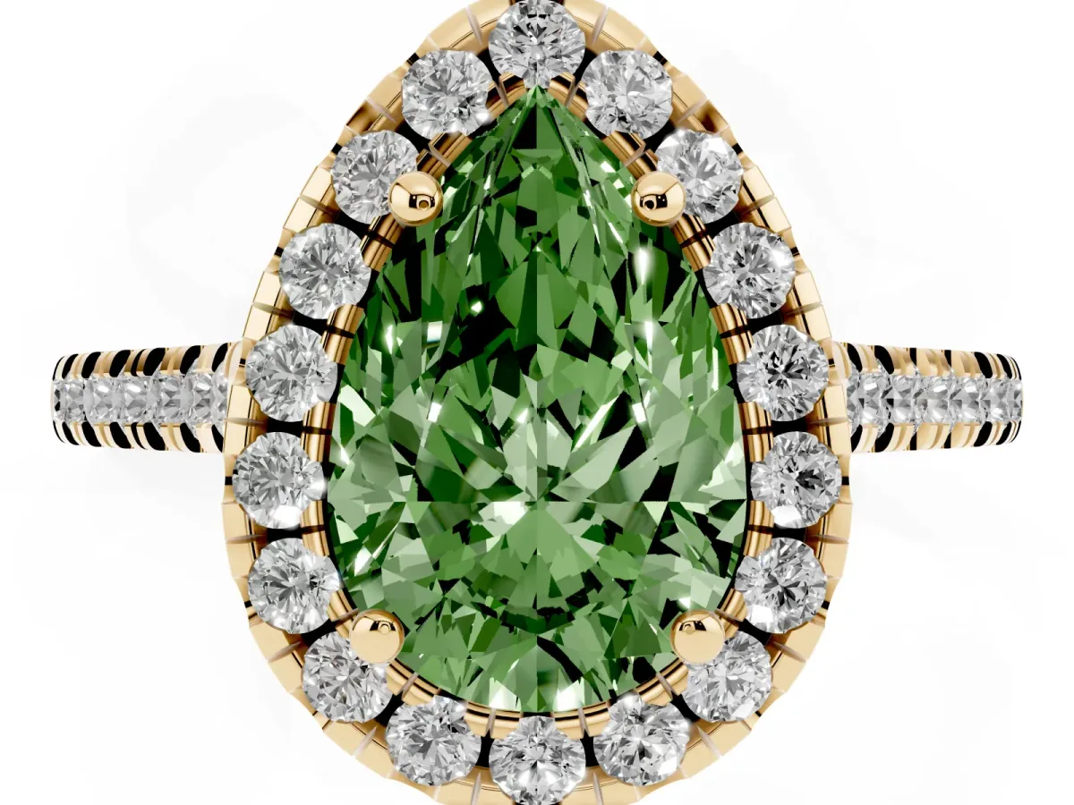 Fancy Green Pear Cut Diamond Cushion Halo Ring with Pavé Band Yellow gold