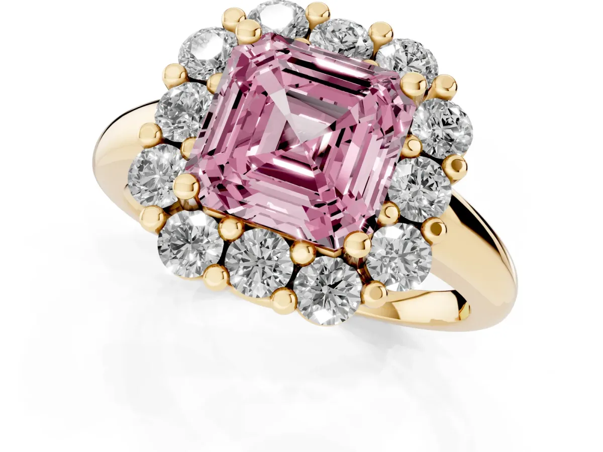 Fancy Pink Asscher Cut Halo Cluster Diamond Engagement Ring with Prong Setting and Polished Band Yellow gold