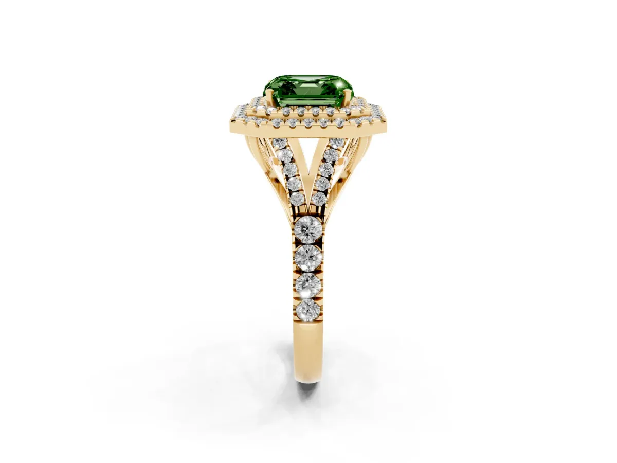 Fancy Green Asscher Cut Diamond Pavé Split Shank Double Halo Engagement Ring Yellow gold